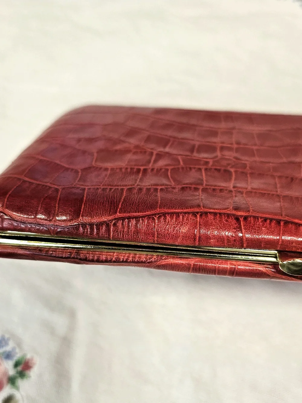 Vintage Red ABAS Genuine Leather Wallet Croc Embossed Frame Clutch Organizer